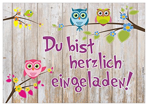 12 Einladungskarten "Du bist eingeladen!" angesagte Holzoptik niedliches lustiges Uhu- Eulen-Motiv / Geburtstagseinladungen Einladungen Geburtstag Jungen Mädchen Einladungstext Vorlagen Karten Set