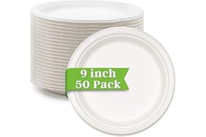 Ask Packaging Strong Paper Plates (9 Inch / 50-Pack) 100% Compostable Heavy-Duty Eco-Friendly Disposable Bagasse Plates, Made of Natural Sugarcane Fibers – 9" Biodegradable Paper Plate