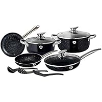 Batería de 11 piezas de ollas y sartenes negras revestimiento de piedra con tapas de cristal Le Chef Line