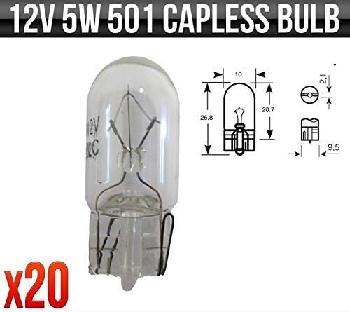 Capless Side &amp; Tail Light Bulb 12V 5W W2.1/9.5D 10mm BO501CL *Pack of 20*
