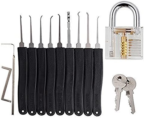10 Pcs Lock Pick Set Locksmith Tool Lock Picking Kit with Practice PadLock for Beginners and Professionals- 9 Lock Picks + 1 Transparent Padlock