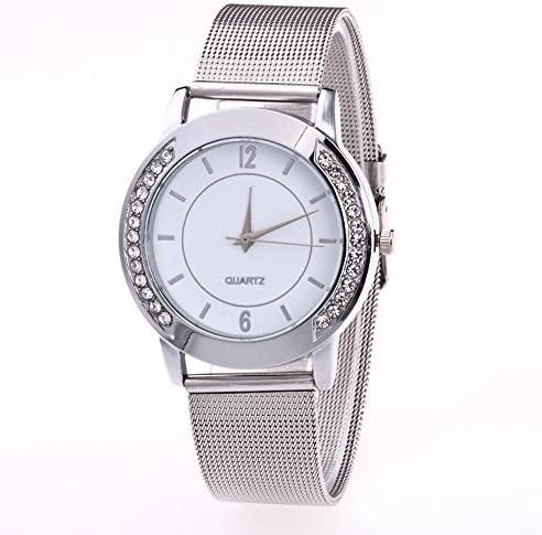 Fashion Women Crystal Golden Stainless Steel Analog Quartz Wrist Watch Dress Watch (Silver)