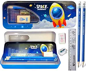 FunBlast Metal Pencil Box Case with Pencil, Eraser, Sharpener Stationery Set ? Double Layer Pencil Case Stationary Organizer for Kids ? Birthday Return Gift for Kids (Space)