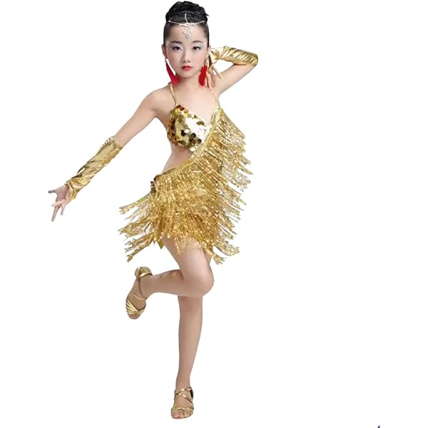 Vestito Paillettes Bambina Per Ballo Latino - Oro, Con Piume E Frange, Senza Maniche, 100% Poliestere - Foto 3