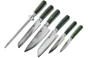 HexClad Juego de Cuchillos Esenciales de 6 Piezas, Hojas de Acero Inoxidable de Damasco Japonés, Mango de Madera de Pakka