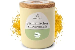‎POTLUCK GEWÜRZFREUNDE POTLUCK | Bio Sizilianisches Zitronensalz | Gewürzsalz für Fisch, Meeresfrüchte, Gemüse, Salate und Dressings | 140g im Keramiktopf