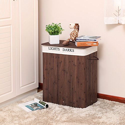Songmics 100L (62,5 x 52 x 32 cm) Wäschekorb Bambus Faltbar Wäschebox mit 2 Fächern Wäschetonne mit herausnehmbaren Wäschesack Braun LCB64Z - 3