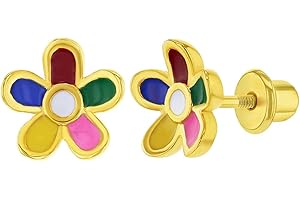 IN SEASON JEWELRY Gold Plated Multicolor Enamel Flower Safety Screw Back Earrings for Toddlers and Little Girls 8mm - Colorful Screw Back Earrings for Young Girls - Floral Themed Jewelry for Girls