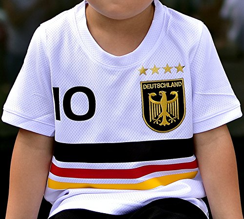 ElevenSports Deutschland Trikot mit GRATIS Wunschname + Nummer + Wappen Geschenke Typ #D19 im EM/WM Weiss – Geschenke für Kinder,Jungen,Baby. Fußball T-Shirt personalisiert