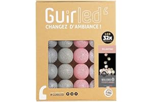 GuirLED - Łańcuch świetlny LED z bawełnianymi kulami USB – lampka nocna dla dziecka 2 h – podwójny zasilacz USB 2 A w zestawie – 3 intensywności – 32 kule 3,2 m – Églantine