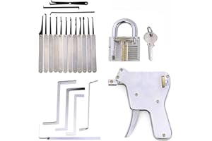 QiDAi Kit de entrenamiento de púa 4 en 1, cerradura transparente con pistola de cerradura, llave de tensión, 15 ganchos de ganzúa, juego de mejores prácticas para principiantes