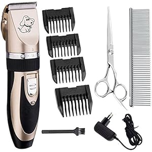 Tierhaarschneider Kit,Geräuscharm Wiederaufladbare Schnurlose Elektronische Hundeschermaschine für Grooming, Tierhaarschneidemaschine mit Verstellbaren Trimmer Kamm und Edelstahl Feste Klinge