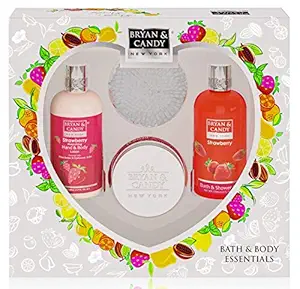 Bryan & Candy New York Strawberry Valentines Gift Set For Women Combo Heart Kit, Shower gel, Hand & body Lotion, Body Polish, Loofah (Pack of 3)