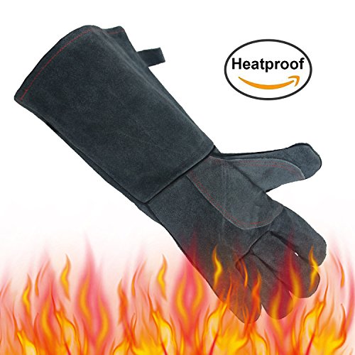 OZERO Schweißhandschuhe, Perfekt für Barbecue Schweisser Mig Kamin Kaminofen Pot-Halter Gartenarbeit - Baumwolle Futter mit 14 inch extralange Hülse Hitzebeständige BBQ Leder Handschuhe Grillgloves