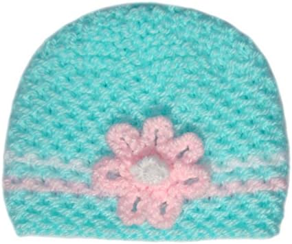 Mint Stripe Hand Knitted Baby Girl Flower Beanie Hats - Premature to Newborn 0-3 months (Newborn 0-3 mths, Pink / White Flower)