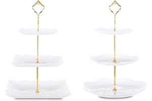 TESYEUX Présentoir à Gâteaux 3 Niveaux,2 Pack Blanc Support à Desserts Stand de Fruits Plastique,Présentoir à Cupcake Bonbons Donuts Dessert,Plateaux Etages Stand à Gâteau pour Gateau de Mariage Anniversaire