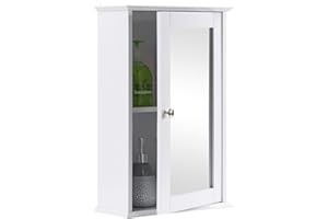 Taylor & Brown Single Door Mirrored Bathroom Cabinet Storage Cupboard Organiser Wall Mounted Mirror Cabinet with Adjustable Shelf, White 34cm x 15cm x 53cm