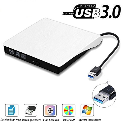 Preisvergleich Produktbild USB3.0 DVD-RW DVD / CD Brenner Slim extern Laufwerk Portable DVD CD Brenner, QinYun Superdrive für alle Laptops / Desktop z.B Lenovo,Acer,Asus,PC unter Windows und Mac OS für Apple Macbook, Macbook Pro, MacbookAir, iMac – weiß