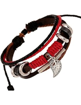 Gnzoe Herren/Damen PU Leder Armband Korn-Armband Klein Blatt Lederarmband Partnerarmbänder Rot