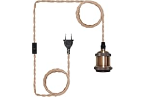 Chao Zan Douille E27 avec Câble 2m en Corde de Chanvre Tressée Suspension Luminaire en métal Vintage, Lustre Corde de Chanvre Rétro Interrupteur Kit Suspension Luminaire Cuisine Cave Loft Entrepôt (A)