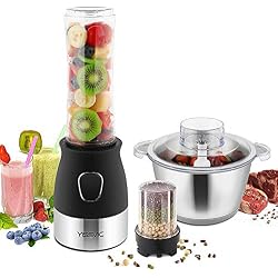 YISSVIC Blender Mixeur Multifonctionnel Blender Smoothie 3 en 1 Bouteille Portable 600mL Tasse de Broyage 200mL et Coupe-Viande 1800ml 500W Moteur Puissant pour les Sauces et la Viande Hachée