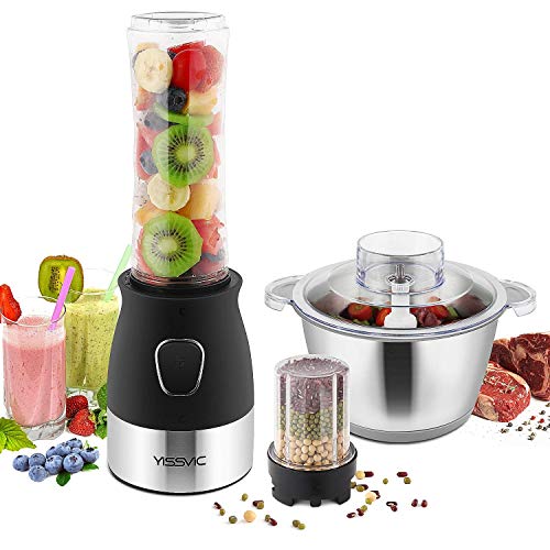 YISSVIC Blender Mixeur Multifonctionnel Blender Smoothie 3 en 1 Bouteille Portable 600mL Tasse de Broyage 200mL et Coupe-Viande 1800ml 500W Moteur Puissant pour les Sauces et la Viande Hachée