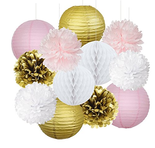 Furuix 12pcs Rosafarbenes Gold-Partei-Dekoration-Installationssatz-Gewebe-Papier Pom Pom-Bienenwabe-Kugel und Papierlaterne für Mädchen-Geburtstag-Hochzeits-Dekoration-Rosa-Baby-Raum-Dekoration-Partei-Bevorzugungen Deco Mariage - 6