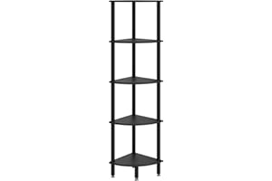 IBUYKE Estante esquinero de 5 niveles, estante de exhibición de esquina industrial, estantería de esquina para sala de estar, dormitorio, cocina, oficina en casa, color negro WBC010B