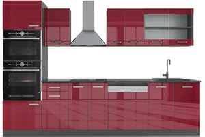 Vicco Mueble de Cocina R-Line, Burdeos Brillo Intenso/Antracita, 300 cm con Armario Alto, sin encimera