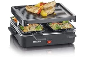 SEVERIN RG 2370 - Mini griglia per raclette con piastra antiaderente e 4 padelle, grill da tavolo per fino a 4 persone, potenza 600 W, colore: Nero