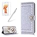 Produktbild Girlyard Bling Glitzer Lederhülle für iPhone X, Luxus 3D Perlen Kristall Diamant Design Schutzhülle Glänzend Flip Wallet Case Standfunktion Kartenfach Klapphülle mit Strass Magnetverschluß Hülle für Apple iPhone X - Silber