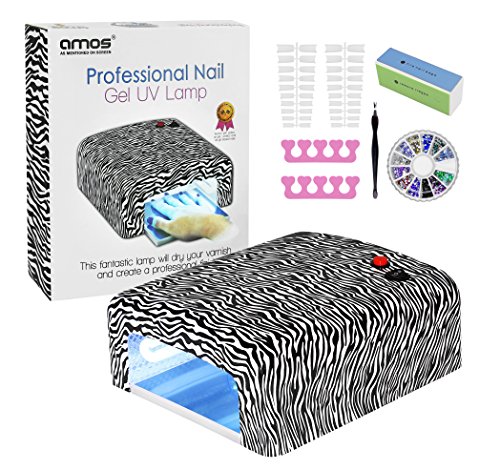 AMOS Professional UV Lamp Nail Dryer Light 36W Gel Shellac Art Manicure Pedicure Curing Timer + 4 x 9W Bulbs & Accessories Set (Zebra)