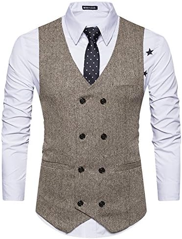 FULIER Men’s Waistcoat Double Breasted Suit Vest British Style Jacket Classic Formal Gilet (M, Khaki)