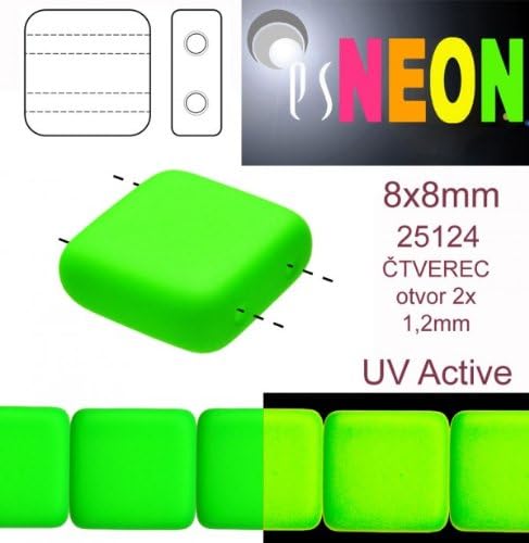12 pcs Czech Glass Square Beads 2 Holes ESTRELA NEON (UV Active) 8x8 mm Green