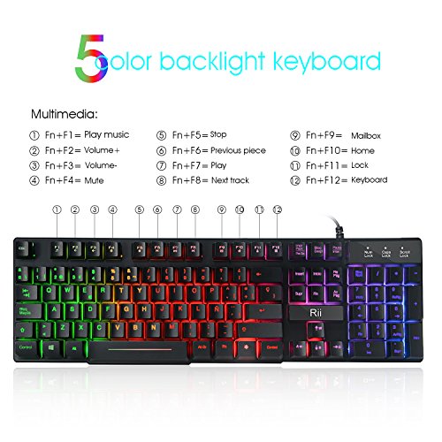 Rii RK100  Gaming Teclado Retroiluminado con 5 colores arco iris  Tacto mec  nico y alta sensibilidad  Con cable  Color negro  Teclado Espa  ol 