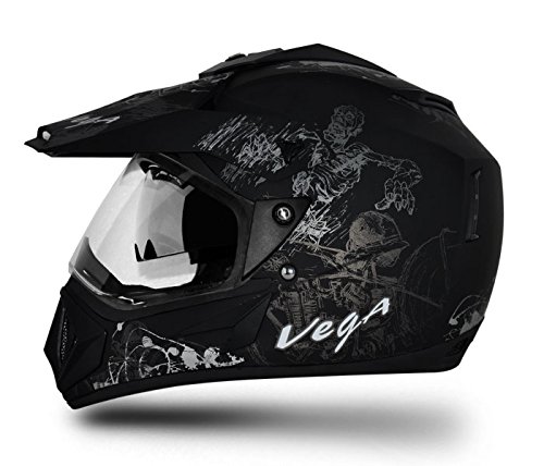 Vega Off Road Sketch ISI Certified Matt Finish Full Face Dual Visor with Peak Helmet for Men and Women Outer Clear Visor and Inner Smoke Sun Visor(Dull Black Silver, Size:L) - Image 3