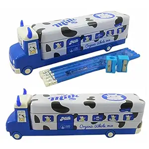 AdiChai Organic Whole Milk Bus Pencil Box with Three Level Storage Capacity,Inside sharpner, Cartoon Printed,School Box with Moving Tyre Gift for Kids ( Metal) , (Set of 1 - Random Colour)