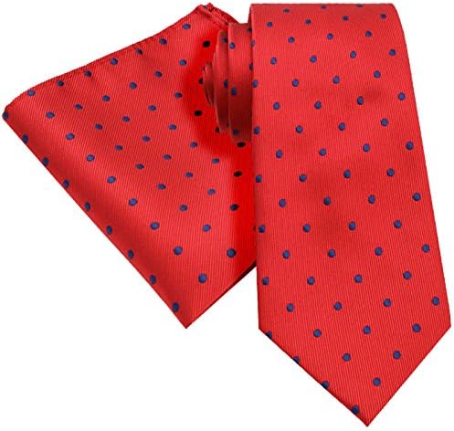 DEEP BRIGHT FULL RED AND NAVY BLUE POLKA DOT SPOT TIE AND HANDKERCHIEF HANKY POCKET SQUARE WEDDING BIRTHDAY PARTY SET 146cm X 8CM STANDARD TIES WITH MATCHING HANKY HANDKERCHIEF SET PREMIUM SILK BLEND