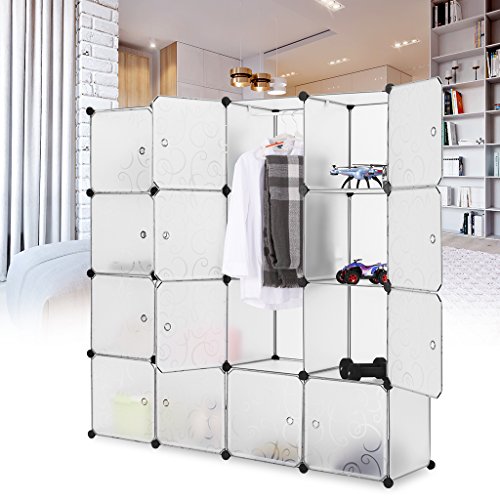 LANGRIA-Penderie-Modulable-avec-Portes-16-Cubes-Garde-Robe-de-Rangement-Portable-1-Tige-Suspendue-pour-Vtements-Chaussures-Jouets-Accessoires-Capacit-par-Cube-45-kg-Motif-Boucl-Blanc-Translucide