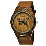 Handgefertigte Holzwerk Germany® Designer Damen-Uhr Herren-Uhr Öko Natur Holz-Uhr Leder Armband-Uhr Analog Klassisch Quarz-Uhr Braun mit Schmetterling Butterfly Natur Motiv Limitiert