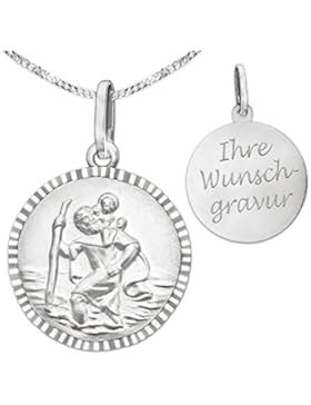 CLEVER SCHMUCK-Gravurset Silberner Anhänger Christopherus Ø 16 mm seidenmatt, Rand gemustert und Kette STERLING...