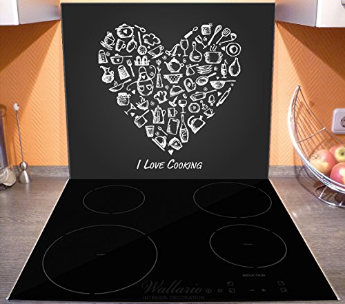 Wallario Herdabdeckplatte / Spitzschutz aus Glas, 1-teilig, 60x52cm, für Ceran- und Induktionsherde, I Love Cooking – Herz aus Küchenutensilien in schwarz weiß - 3