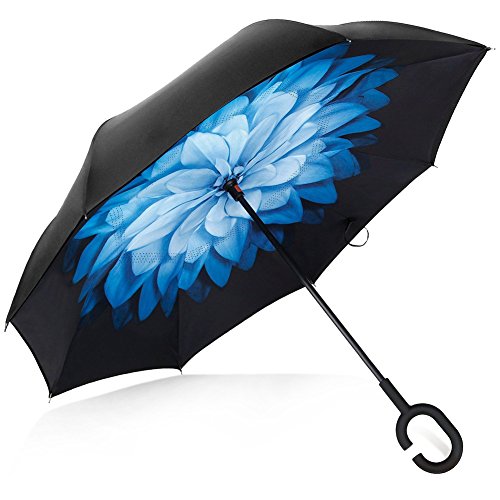 Deerbird® Voiture Inversé Parapluie Double couche Anti-ultraviolet Ceinture Poignée en caoutchouc de Type C Résistant au vent Parapluies, Tous Temps Autonome Défaut Parapluie - Fleur Bleue