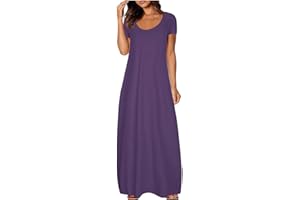 ZHSXERTWY Maxi Dresses for Women UK Short Sleeve Summer Ladies Casual Long Dress Round Neck Plain Sundress Stretchy Loose Fit Plus Size Clothing