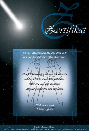 Geschenke 24: Sternschnuppe kaufen – Echte 4-6g Meteoriten mit personalisiertem Echtheits-Zertifikat hier als romantisches Geschenk bestellen und verschenken - 5