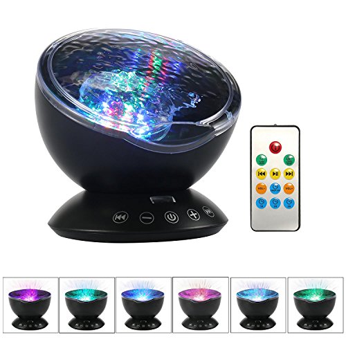Preisvergleich Produktbild Umiwe Ozean Nachtlicht Projektor Ozeanwellen Meer Fernbedienung Nachttischlampe mit Eingebautem Mini Musik Player [12 LED Beads, 7 Bunte Licht Modi, TF Steckplatz] für Kinder Erwachsene Schlafzimmer Wohnzimmer