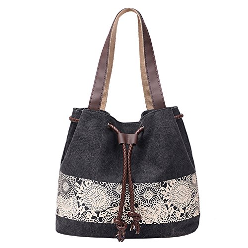 PB-SOAR Women's Ladies Fashion Casual Canvas Drawstring Handbag Tote Bag Shoulder Bag (Black)