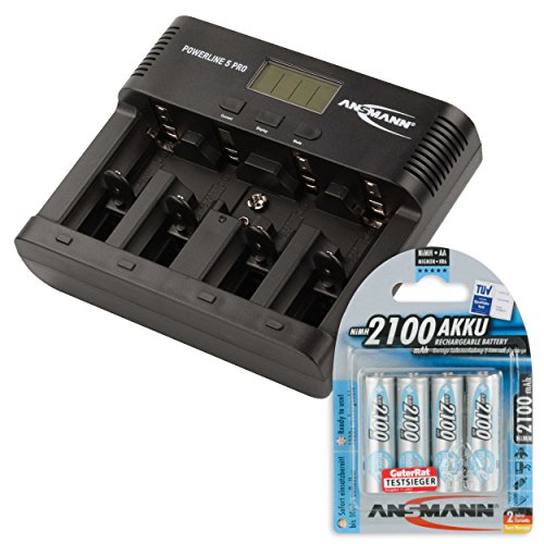 Preisvergleich Produktbild ANSMANN Akku-Ladegerät für AA / AAA / C / D / 9V-Block NiMH Akkus - Batterieladegerät mit 5 Ladeprogrammen: Laden, Entladen, Testen, Refresh, Schnellladen + USB - Powerline 5 Pro + 4x 2100mAh AA Akkus