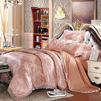 DuZiShi-sjt Emerald Queen King size bedding set of 4 Deluxe silk cotton blend lace quilt , queen