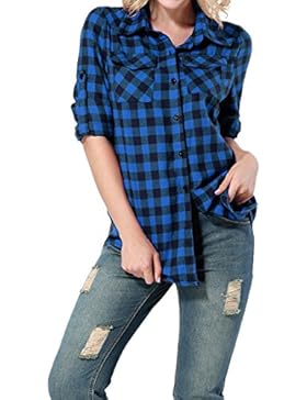 Yidarton Damen Langarmshirt Kariertes Hemd Slim Fit Freizeit Abgerundeter Saum Bluse Shirt Oberteil